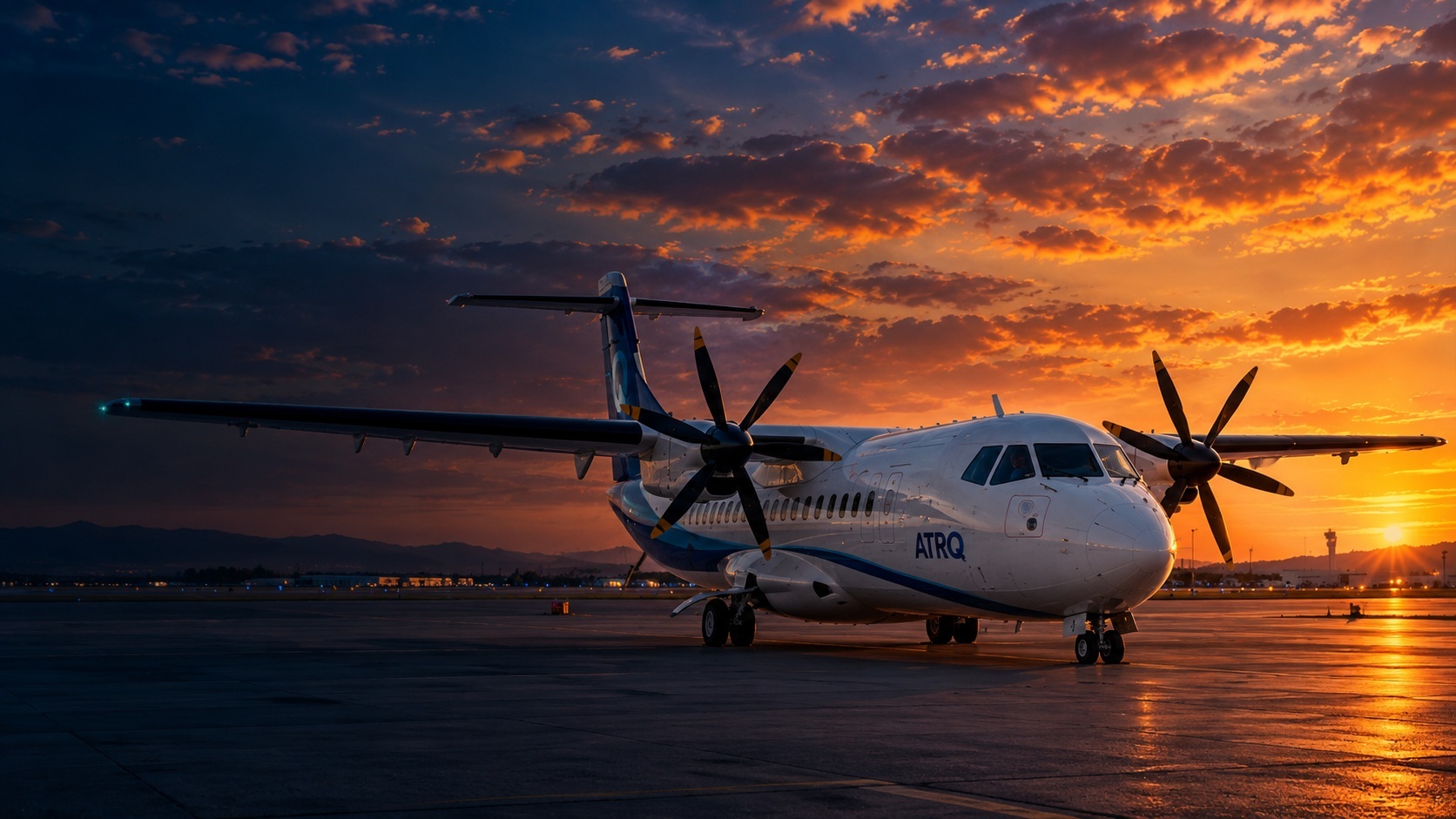 ATR turboprop aircraft on the apron at sunset